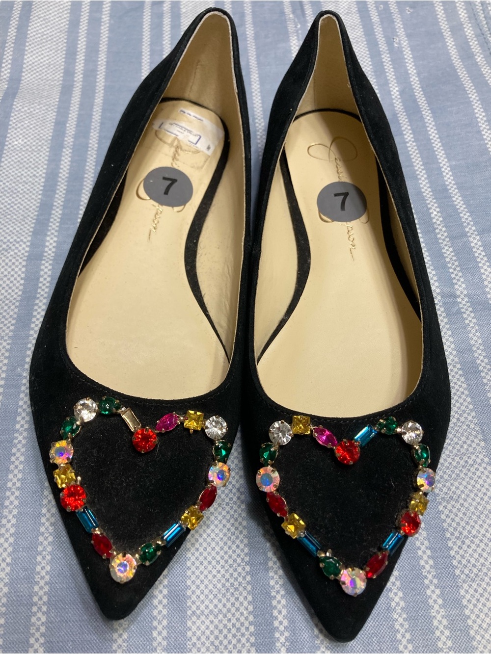 Jessica Simpson “Elika” black, pointed toe ballet flats with rhinestone hearts.